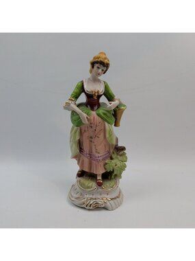 Vintage Porcelain Figurine Lady Woman in Green Dress Gold Trim Floral Decor Art